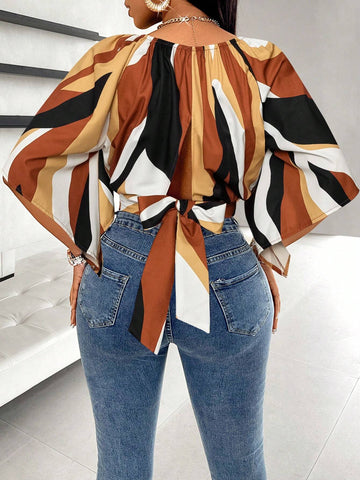 Slayr Allover Print Raglan Sleeve Tie Back Blouse, Mid-Length Sleeve Truncated Blouse (Random Floral Pattern)