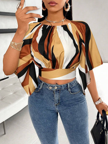 Slayr Allover Print Raglan Sleeve Tie Back Blouse, Mid-Length Sleeve Truncated Blouse (Random Floral Pattern)