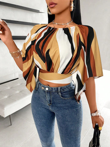 Slayr Allover Print Raglan Sleeve Tie Back Blouse, Mid-Length Sleeve Truncated Blouse (Random Floral Pattern)