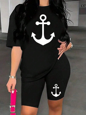 Anchor Pattern Short Sleeve Jacket And Shorts Suit