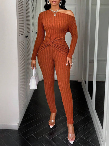 Asymmetrical Neck Twist Knot Hem Tee & Leggings