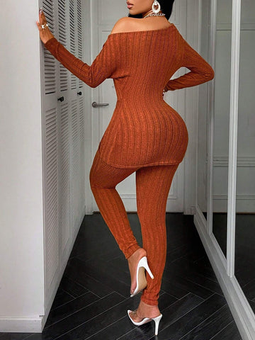 Asymmetrical Neck Twist Knot Hem Tee & Leggings