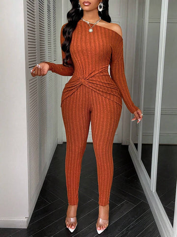 Asymmetrical Neck Twist Knot Hem Tee & Leggings