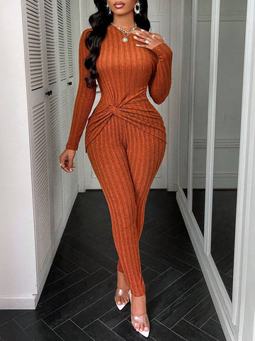 Asymmetrical Neck Twist Knot Hem Tee & Leggings