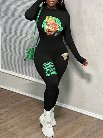 Autumn And Winter New Casual Young Street Round Neck Long-Sleeved Slim Men's Printed Slogan English Logo Green Printed Black Knitted Women's Tight Jumpsuit-W
