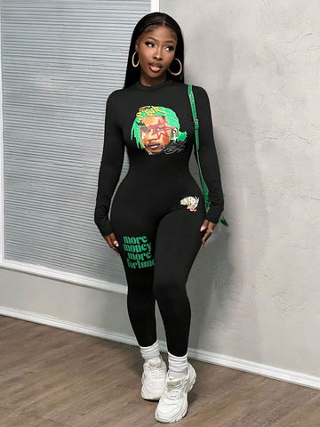 Autumn And Winter New Casual Young Street Round Neck Long-Sleeved Slim Men's Printed Slogan English Logo Green Printed Black Knitted Women's Tight Jumpsuit-W