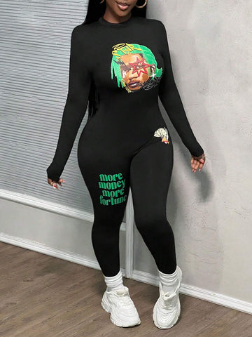 Autumn And Winter New Casual Young Street Round Neck Long-Sleeved Slim Men's Printed Slogan English Logo Green Printed Black Knitted Women's Tight Jumpsuit-W