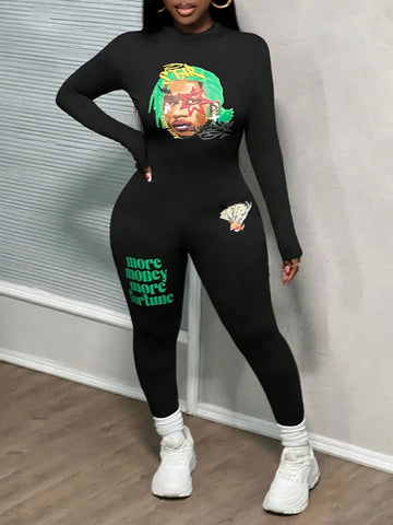 Autumn And Winter New Casual Young Street Round Neck Long-Sleeved Slim Men's Printed Slogan English Logo Green Printed Black Knitted Women's Tight Jumpsuit-W