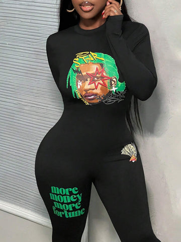 Autumn And Winter New Casual Young Street Round Neck Long-Sleeved Slim Men's Printed Slogan English Logo Green Printed Black Knitted Women's Tight Jumpsuit-W