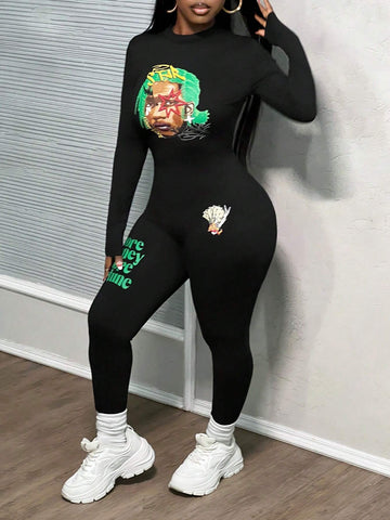 Autumn And Winter New Casual Young Street Round Neck Long-Sleeved Slim Men's Printed Slogan English Logo Green Printed Black Knitted Women's Tight Jumpsuit-W
