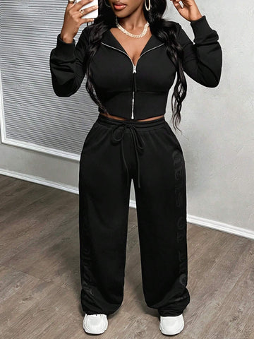 Autumn And Winter New Style Casual Young Street Sports Hooded Zipper Long-Sleeved Wide Leg Cut Off Sweatshirt Cardigan And Wide Leg Side Printed Long Sweatpants Sweatshirt Suit Women's Two-Piece Set-A