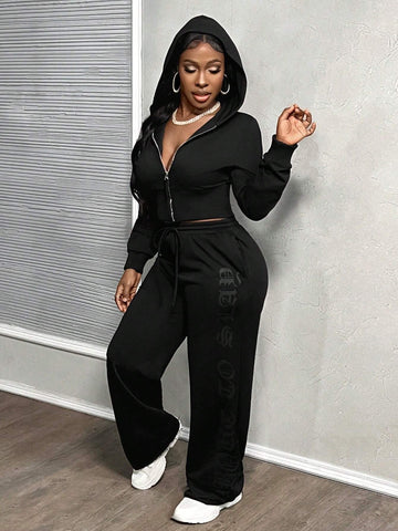 Autumn And Winter New Style Casual Young Street Sports Hooded Zipper Long-Sleeved Wide Leg Cut Off Sweatshirt Cardigan And Wide Leg Side Printed Long Sweatpants Sweatshirt Suit Women's Two-Piece Set-A