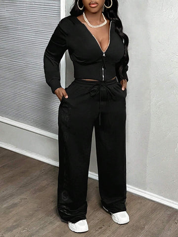 Autumn And Winter New Style Casual Young Street Sports Hooded Zipper Long-Sleeved Wide Leg Cut Off Sweatshirt Cardigan And Wide Leg Side Printed Long Sweatpants Sweatshirt Suit Women's Two-Piece Set-A