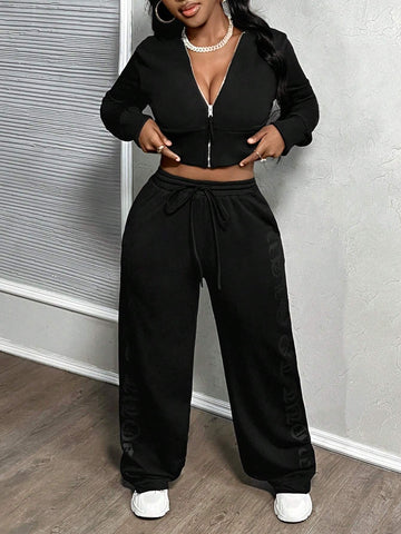 Autumn And Winter New Style Casual Young Street Sports Hooded Zipper Long-Sleeved Wide Leg Cut Off Sweatshirt Cardigan And Wide Leg Side Printed Long Sweatpants Sweatshirt Suit Women's Two-Piece Set-A