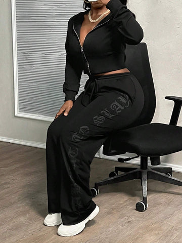 Autumn And Winter New Style Casual Young Street Sports Hooded Zipper Long-Sleeved Wide Leg Cut Off Sweatshirt Cardigan And Wide Leg Side Printed Long Sweatpants Sweatshirt Suit Women's Two-Piece Set-A