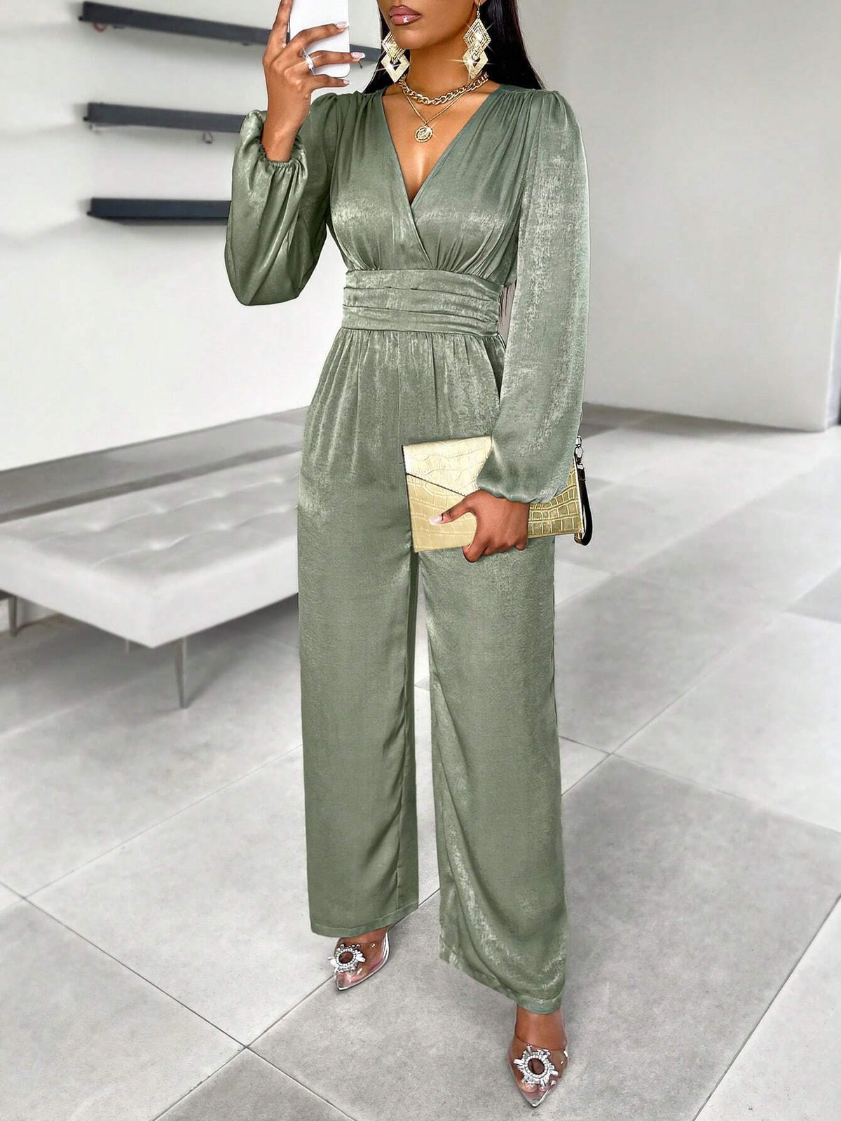 Autumn Lantern Sleeve Ruched Waist Green Jumpsuit