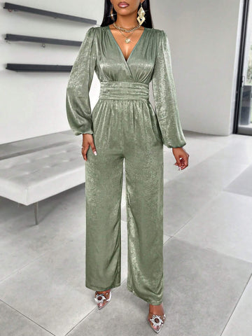 Autumn Lantern Sleeve Ruched Waist Green Jumpsuit