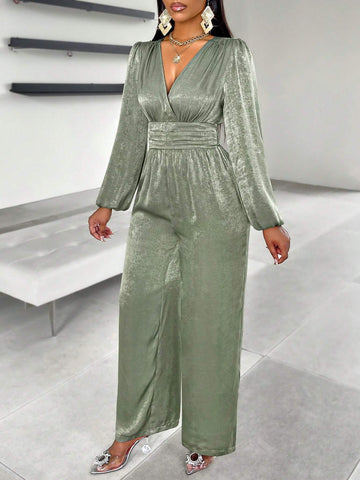 Autumn Lantern Sleeve Ruched Waist Green Jumpsuit