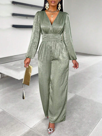 Autumn Lantern Sleeve Ruched Waist Green Jumpsuit