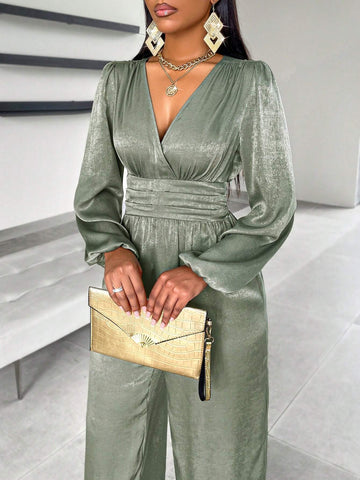 Autumn Lantern Sleeve Ruched Waist Green Jumpsuit