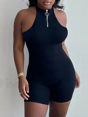 Backless Halter Neck Jumpsuit With High Elasticity For Sexy & Simple Look On Music Festival