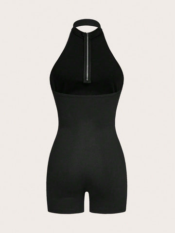 Backless Halter Neck Jumpsuit With High Elasticity For Sexy & Simple Look On Music Festival