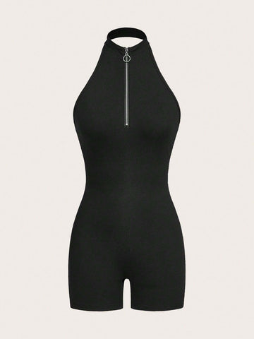 Backless Halter Neck Jumpsuit With High Elasticity For Sexy & Simple Look On Music Festival