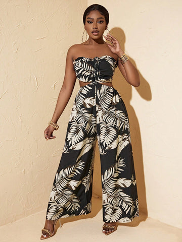 Backless Sexy Leaf Print Halter Wide Leg Jumpsuit With Loose Fit
