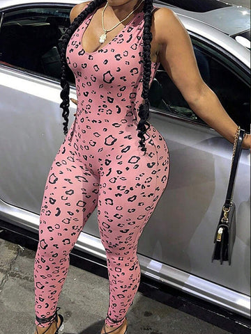 Basic And Casual Pink Leopard Print Knitted Jumpsuit Unitard For Women With Low-Cut U-Neck And Sleeveless Design, Street Style, Summer