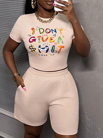 Basic Round Neck Short Sleeve Tight Crop Top & Low Waist Casual Bermuda Shorts Set, Women's Knitted Graffiti & Cute Letter Printed 2pcs Outfit