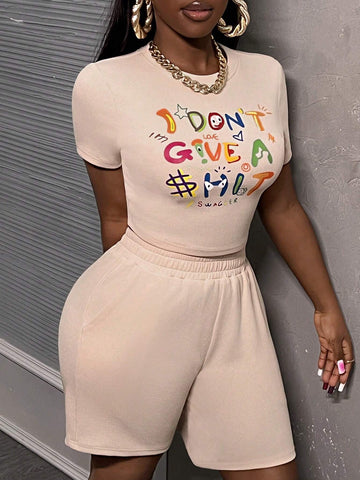 Basic Round Neck Short Sleeve Tight Crop Top & Low Waist Casual Bermuda Shorts Set, Women's Knitted Graffiti & Cute Letter Printed 2pcs Outfit