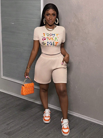 Basic Round Neck Short Sleeve Tight Crop Top & Low Waist Casual Bermuda Shorts Set, Women's Knitted Graffiti & Cute Letter Printed 2pcs Outfit