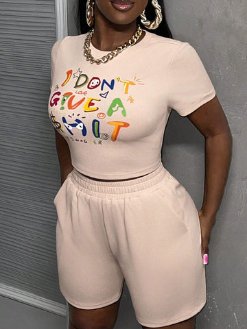 Basic Round Neck Short Sleeve Tight Crop Top & Low Waist Casual Bermuda Shorts Set, Women's Knitted Graffiti & Cute Letter Printed 2pcs Outfit