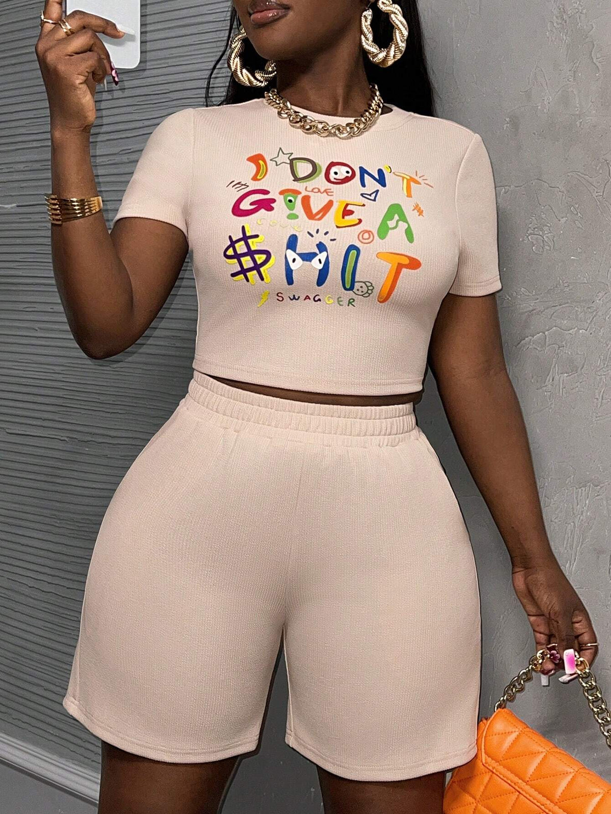 Basic Round Neck Short Sleeve Tight Crop Top & Low Waist Casual Bermuda Shorts Set, Women's Knitted Graffiti & Cute Letter Printed 2pcs Outfit