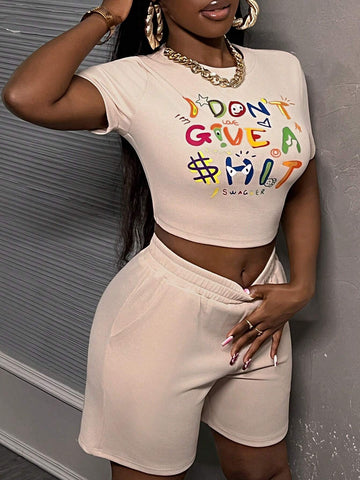 Basic Round Neck Short Sleeve Tight Crop Top & Low Waist Casual Bermuda Shorts Set, Women's Knitted Graffiti & Cute Letter Printed 2pcs Outfit