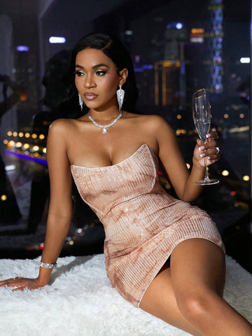 Beaded Bandeau Bodycon Mini Dress, Sexy & Suitable For Parties & Events