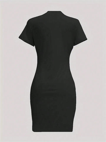 Bear And Letter Print Short Sleeve Bodycon Dress