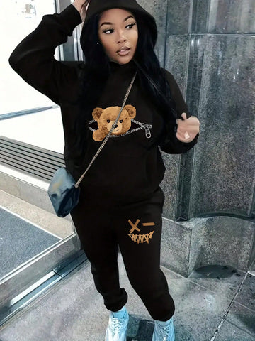 Bear Printed Fleece Hoodie With Drawstring & Expression Printed Sweatpant Set