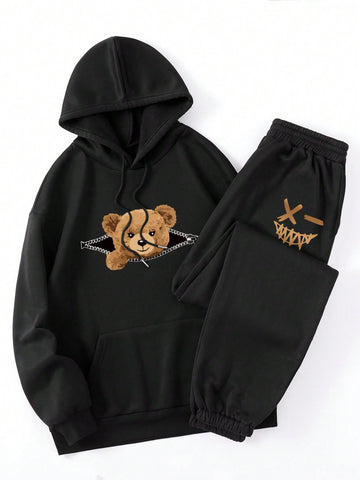 Bear Printed Fleece Hoodie With Drawstring & Expression Printed Sweatpant Set