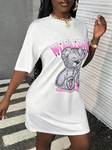 Bear & Letter Print Loose Fit Dress