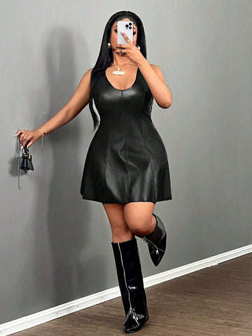 Black PU Leather Elegant Backless Sleeveless Dress