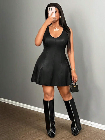 Black PU Leather Elegant Backless Sleeveless Dress