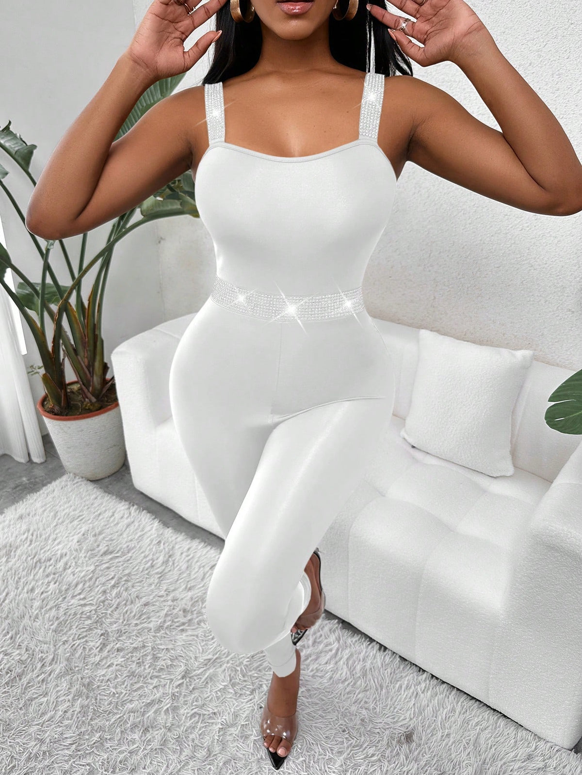 Bling Rhinestone Striped Bandeau Bodysuit