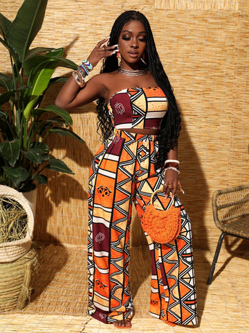 Boho Geometric Print Orange Strapless Crop Top And Wide Leg Pants Set For Women, Vacation Style