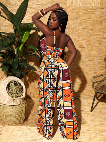 Boho Geometric Print Orange Strapless Crop Top And Wide Leg Pants Set For Women, Vacation Style