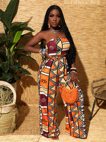 Boho Geometric Print Orange Strapless Crop Top And Wide Leg Pants Set For Women, Vacation Style