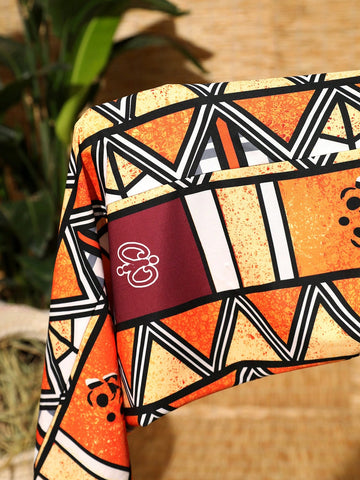 Boho Geometric Print Orange Strapless Crop Top And Wide Leg Pants Set For Women, Vacation Style