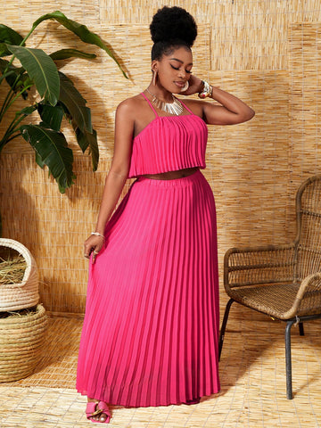 Boho Strap Pleated Cami Top And Pleated Maxi Skirt