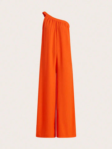 Boho Summer Loose Fit One Shoulder Sleeveless Wide Leg Orange Jumpsuit