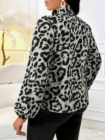 Slayr Brown Leopard Print Collar Tie Lantern Sleeve Long Sleeve Shirt (Random Floral)